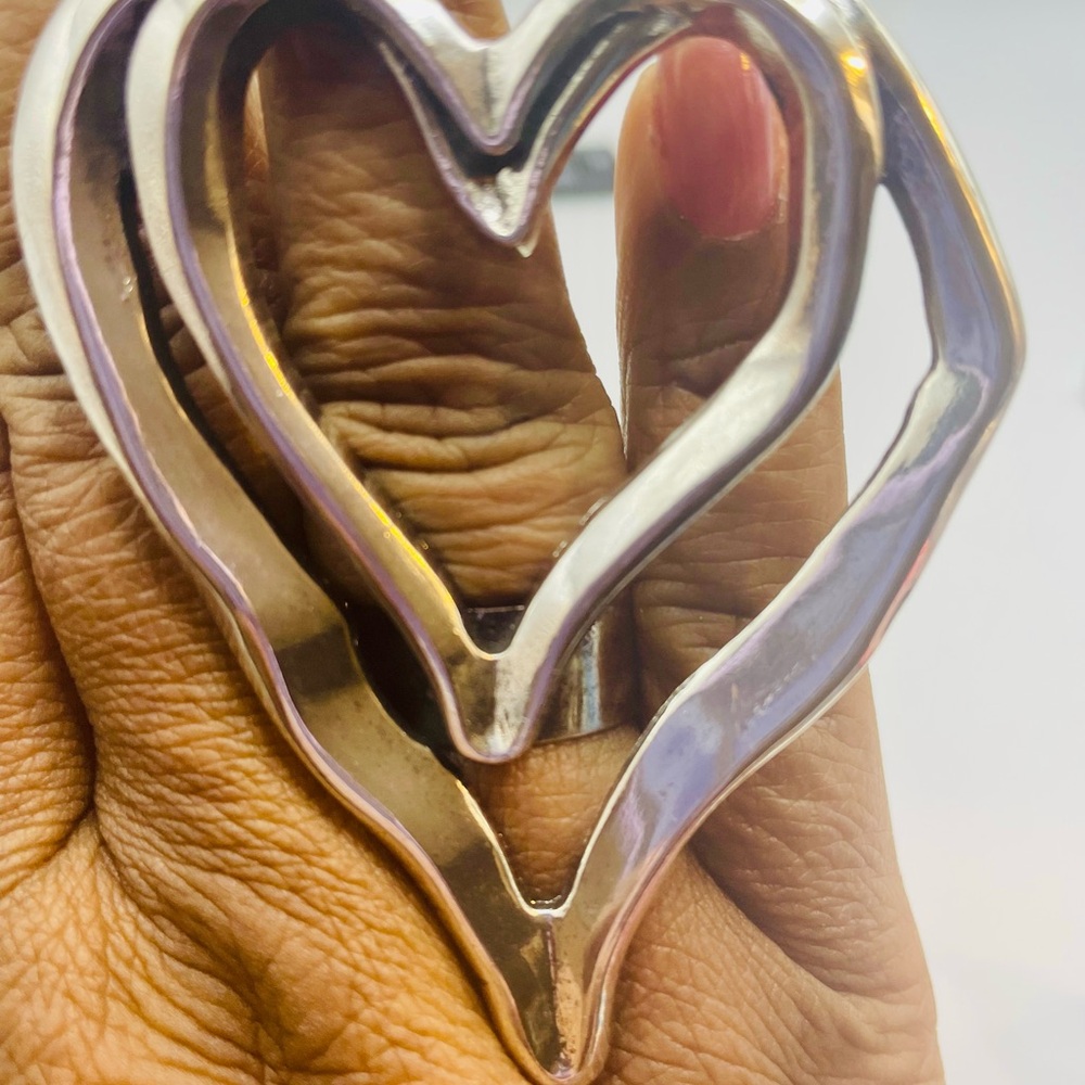 Large Silver Double Heart Adjustable Statement Ri… - image 3